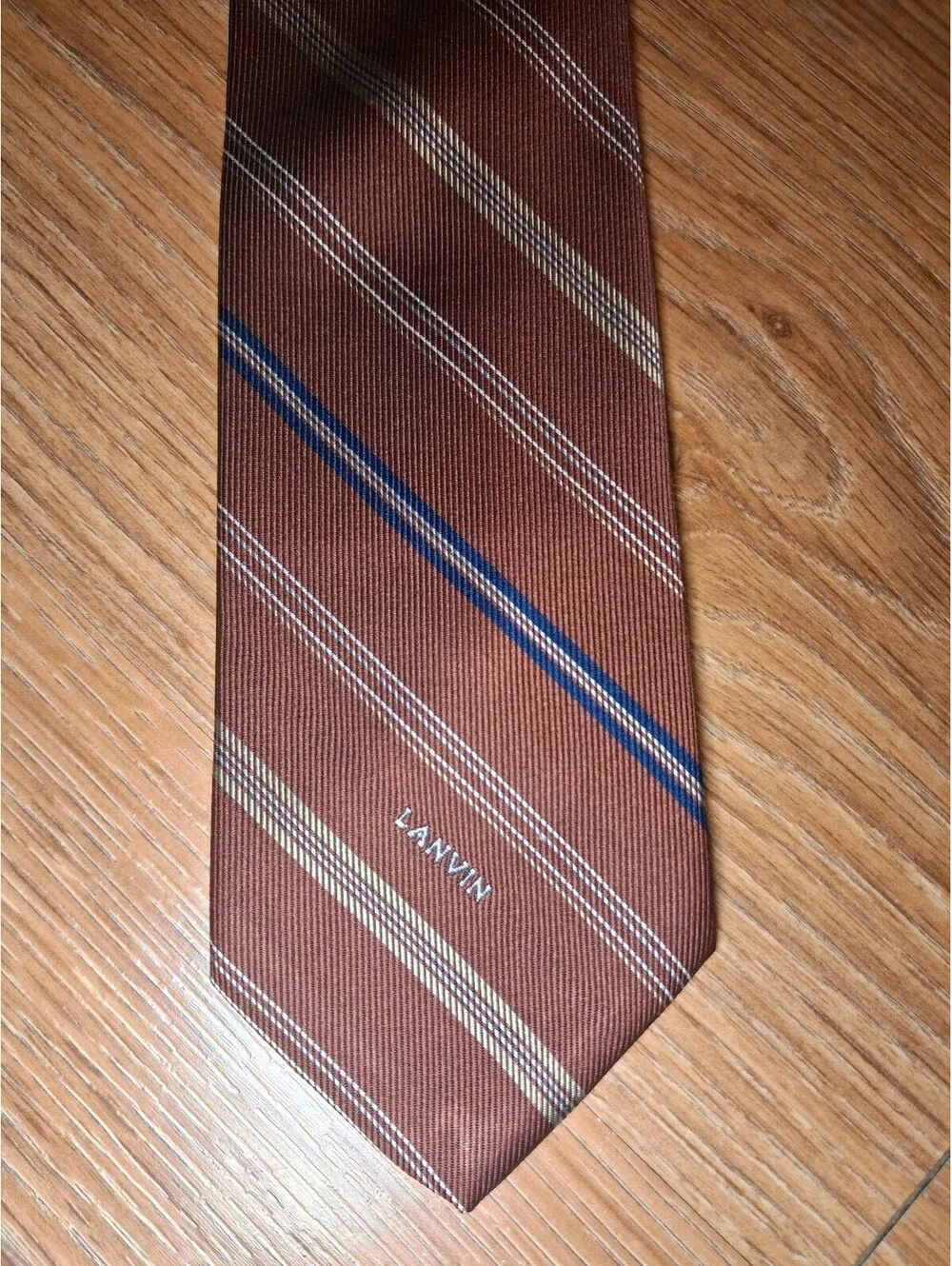Lanvin Paris Silk Tie Brown Striped Front Logo